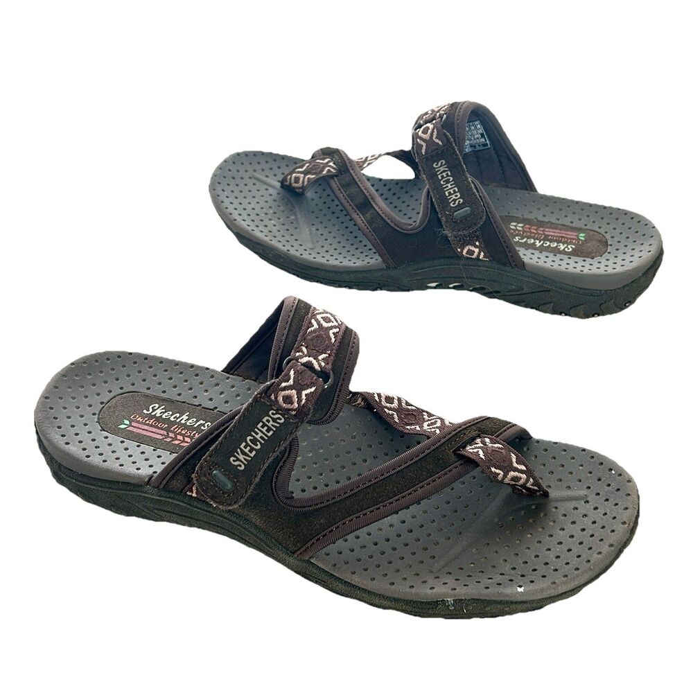 Skechers Sandals Womens 9 Brown Leather Webbing Thong Shoes Slip On Gorpcore